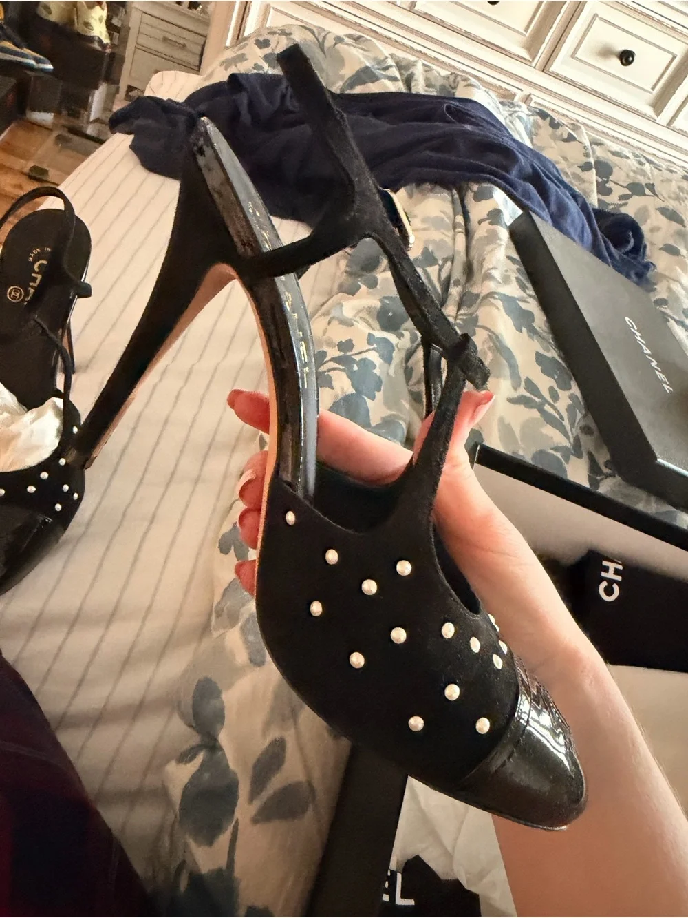 CHANEL Black Pearl-Stud Suede & Patent Slingback Heels